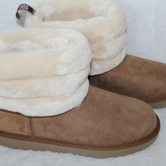 NIB UGG WOMEN'S MINI‎ CUFF FLUFF SUEDE SHEARLING BOOTS CHESTNUT BROWN - Picture 6 of 7